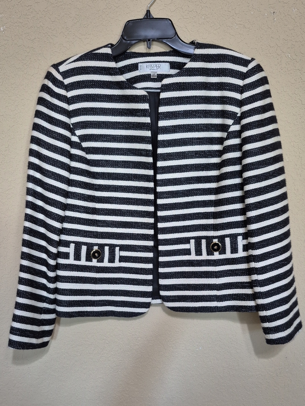 Kasper Black & White Striped Collarless Blazer